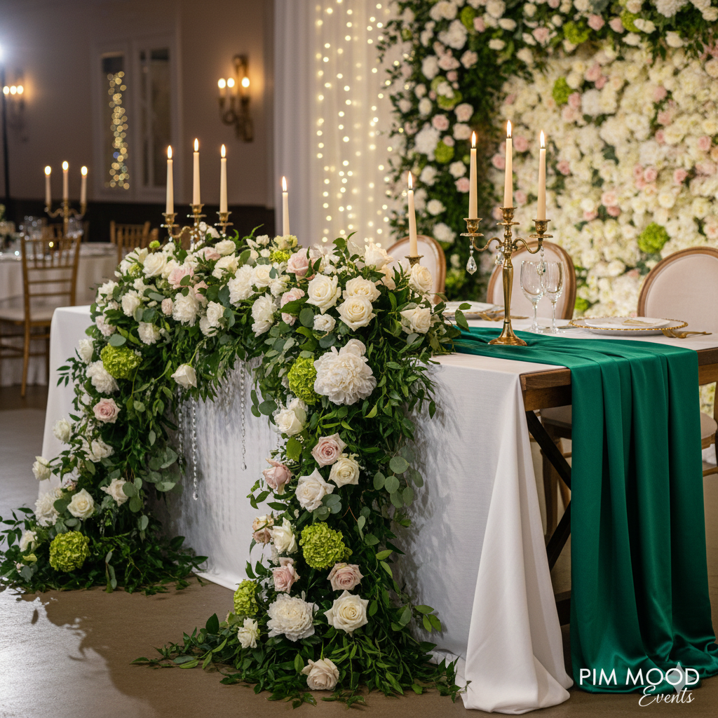 Aranjament floral luxuriant masă prezidiu cu trandafiri, lumânări și sfeșnice aurii – Decor nuntă PIM MOOD Events București